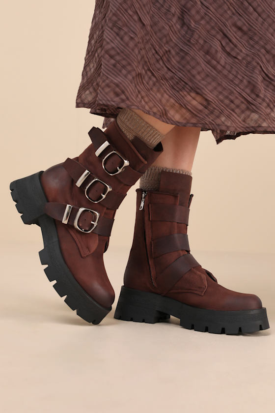 Roland Brown Leather Buckle Moto Ankle Boots 1