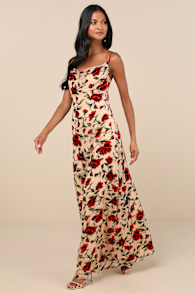 Romance in the Making Beige Floral Print Velvet Maxi Dress 1
