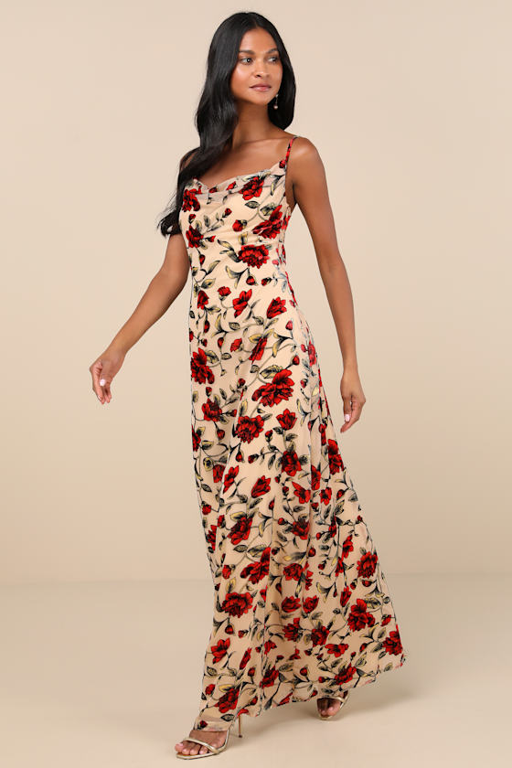 Romance in the Making Beige Floral Print Velvet Maxi Dress 1