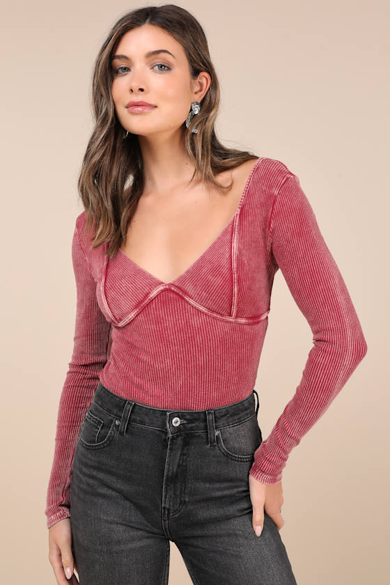 LULUS TRENDSETTING CONFIDENCE WASHED PINK RIBBED LONG SLEEVE BODYSUIT