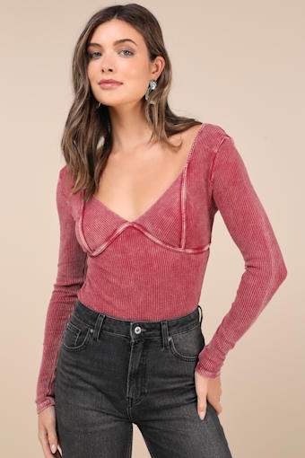 Trendsetting Confidence Washed Pink Ribbed Long Sleeve Bodysuit 1