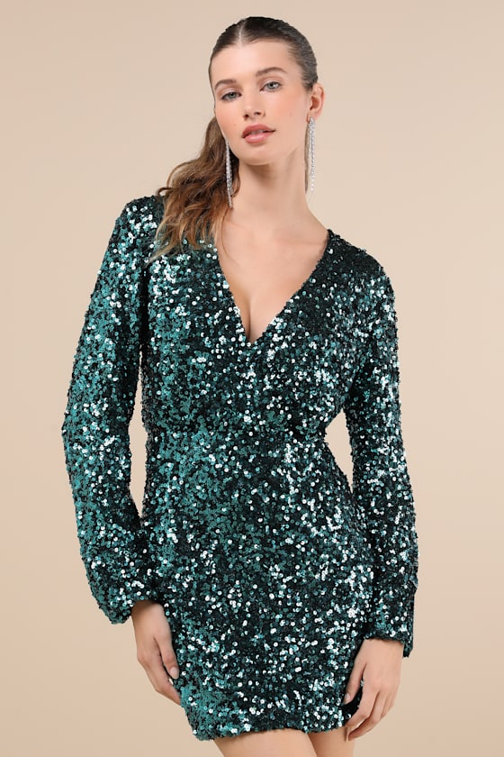 Lulus Indescribable Shine Teal Green Sequin Long Sleeve Mini Dress In Teal Green