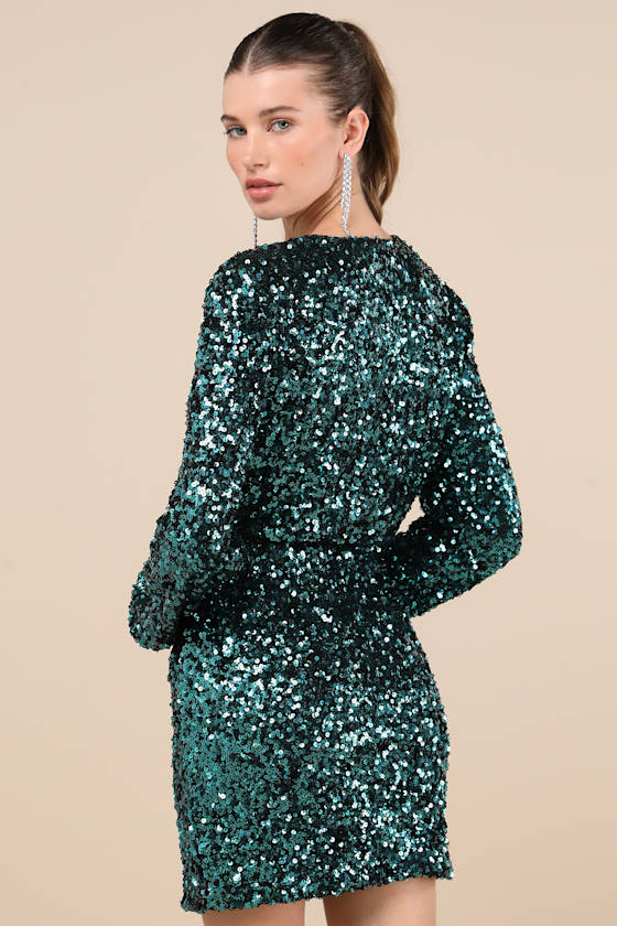Lulus Indescribable Shine Teal Green Sequin Long Sleeve Mini Dress In Teal Green