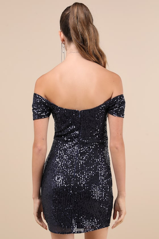 Lulus Glittering Attitude Navy Blue Sequin Off-the-shoulder Mini Dress In Navy Blue