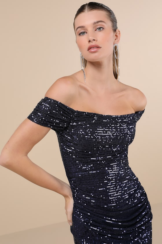 Lulus Glittering Attitude Navy Blue Sequin Off-the-shoulder Mini Dress In Navy Blue