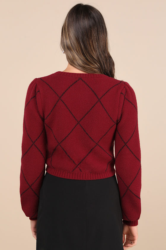 Lulus Holiday Darling Burgundy Argyle Balloon Sleeve Bow Sweater In Burgundy