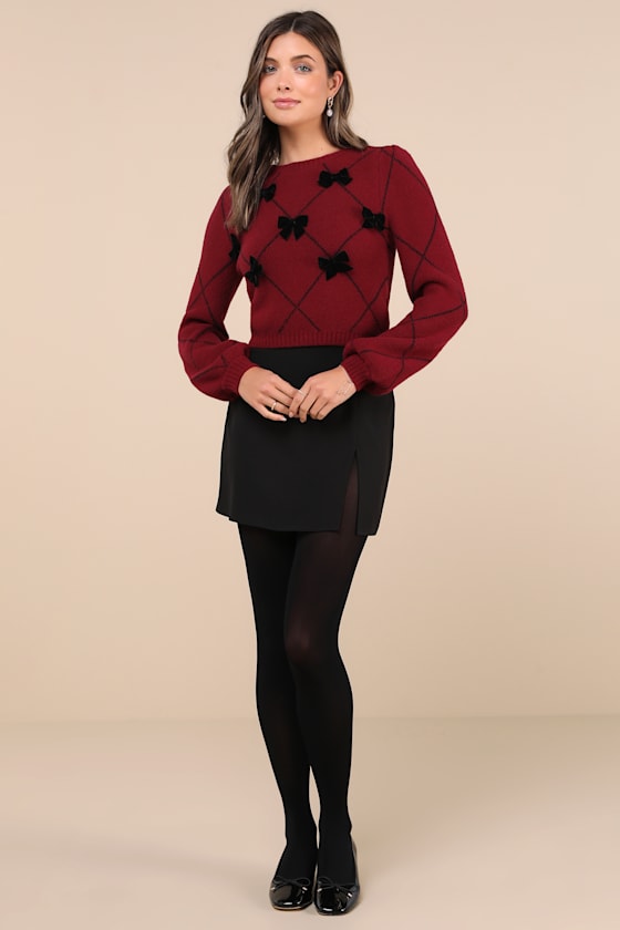 Lulus Holiday Darling Burgundy Argyle Balloon Sleeve Bow Sweater In Burgundy