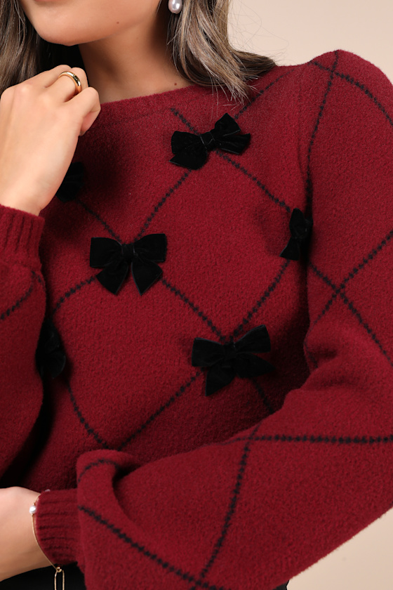 Lulus Holiday Darling Burgundy Argyle Balloon Sleeve Bow Sweater In Burgundy
