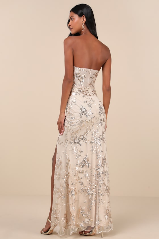 Lulus Confident Sensation Gold Sequin Strapless Bustier Maxi Dress In Gold