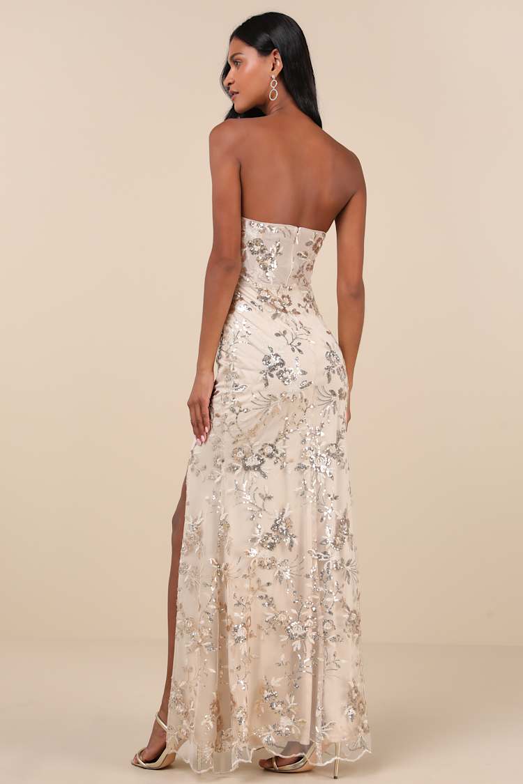 Confident Sensation Gold Sequin Strapless Bustier Maxi Dress