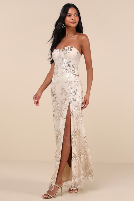 Lulus Confident Sensation Gold Sequin Strapless Bustier Maxi Dress In Gold