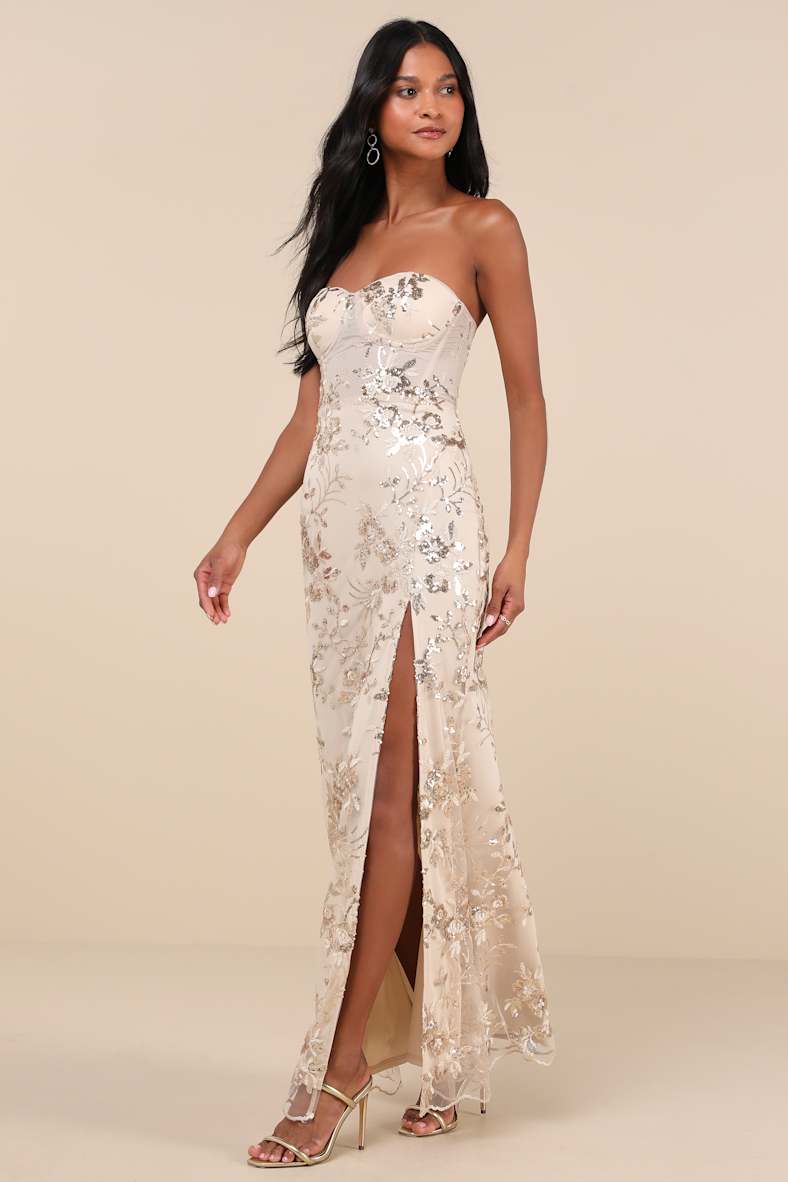 Confident Sensation Gold Sequin Strapless Bustier Maxi Dress