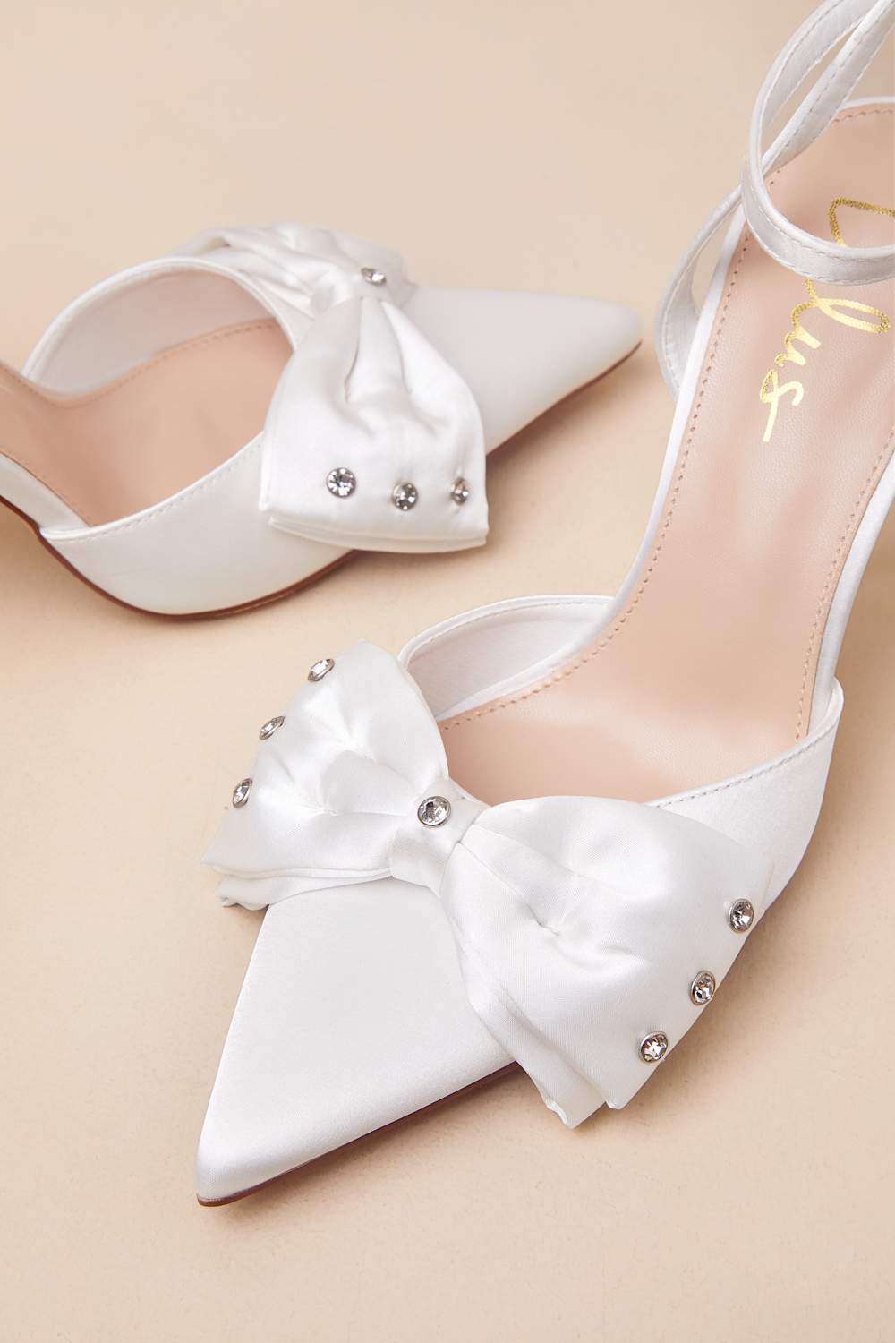 Ellandra White Satin Rhinestone Bow Ankle Strap Pumps