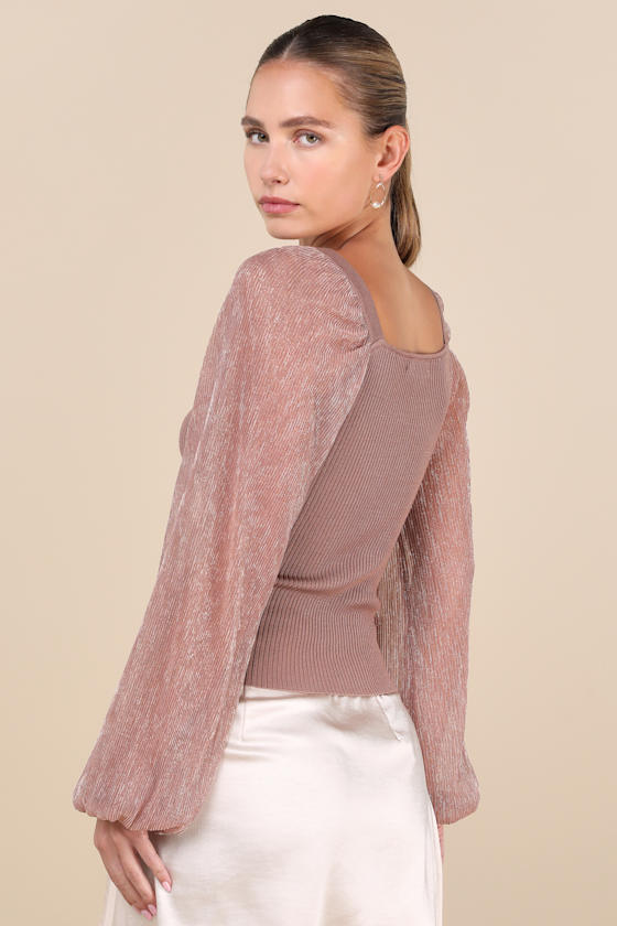 Sweet Edge Mauve Ribbed Mesh Balloon Sleeve Sweater Top