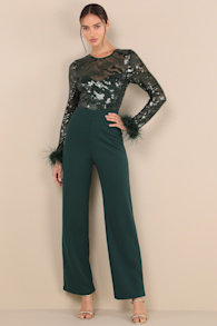 Limitless Radiance Green Sequin Feather Long Sleeve Jumpsuit 1
