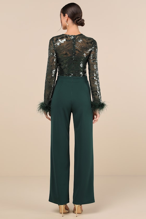Lulus Limitless Radiance Green Sequin Feather Long Sleeve Jumpsuit In Green