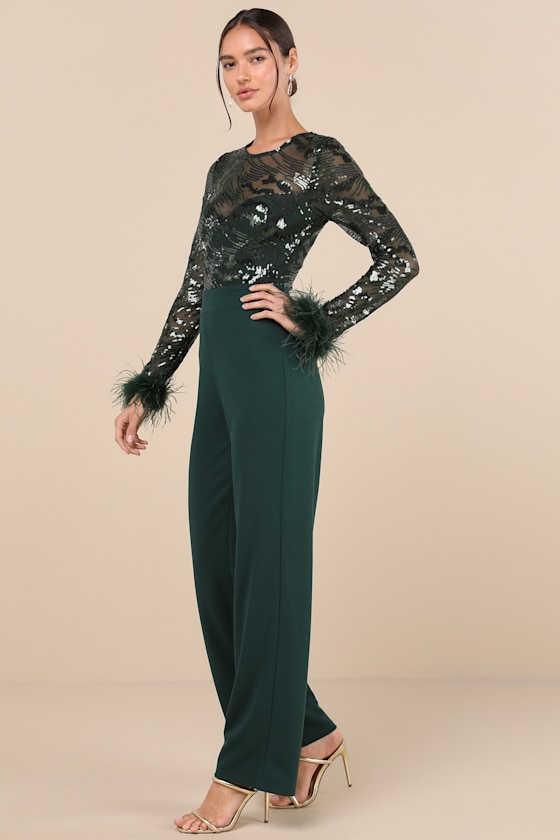 Lulus Limitless Radiance Green Sequin Feather Long Sleeve Jumpsuit In Green
