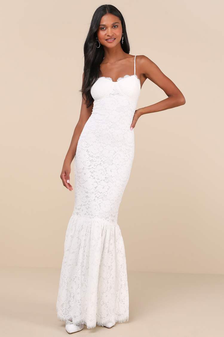 Instinctively Stunning White Lace Bustier Trumpet Maxi Dress