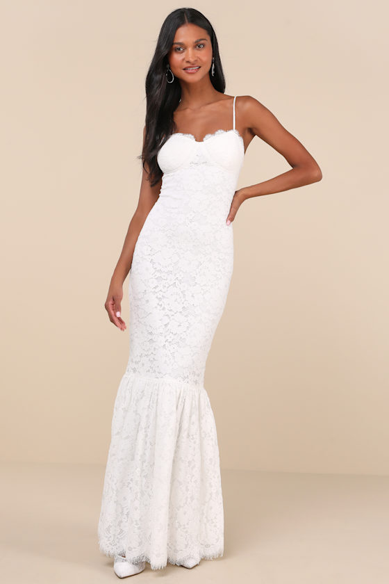 Instinctively Stunning White Lace Bustier Trumpet Midi Dress 2