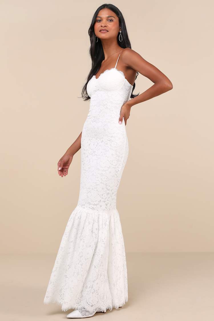 Instinctively Stunning White Lace Bustier Trumpet Maxi Dress