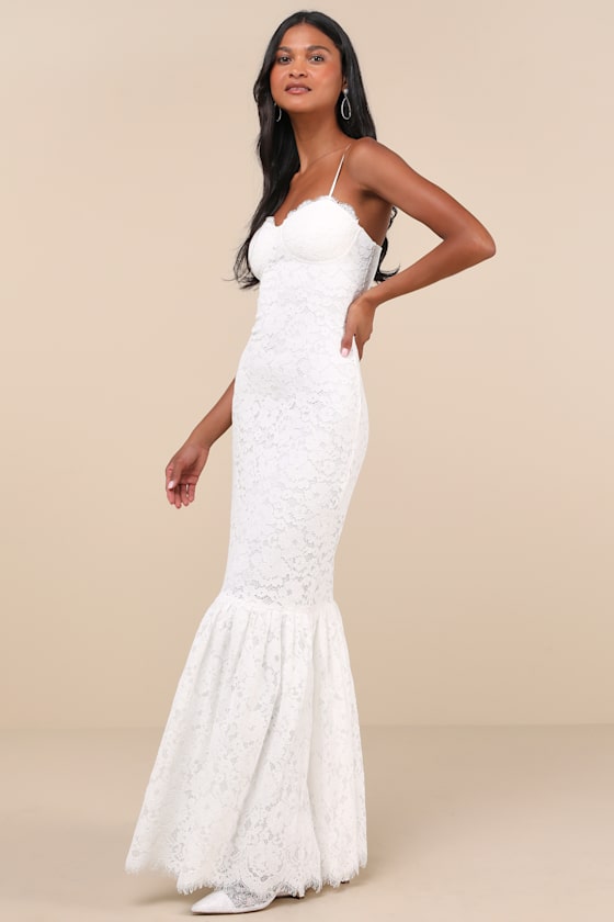 Instinctively Stunning White Lace Bustier Trumpet Midi Dress 3