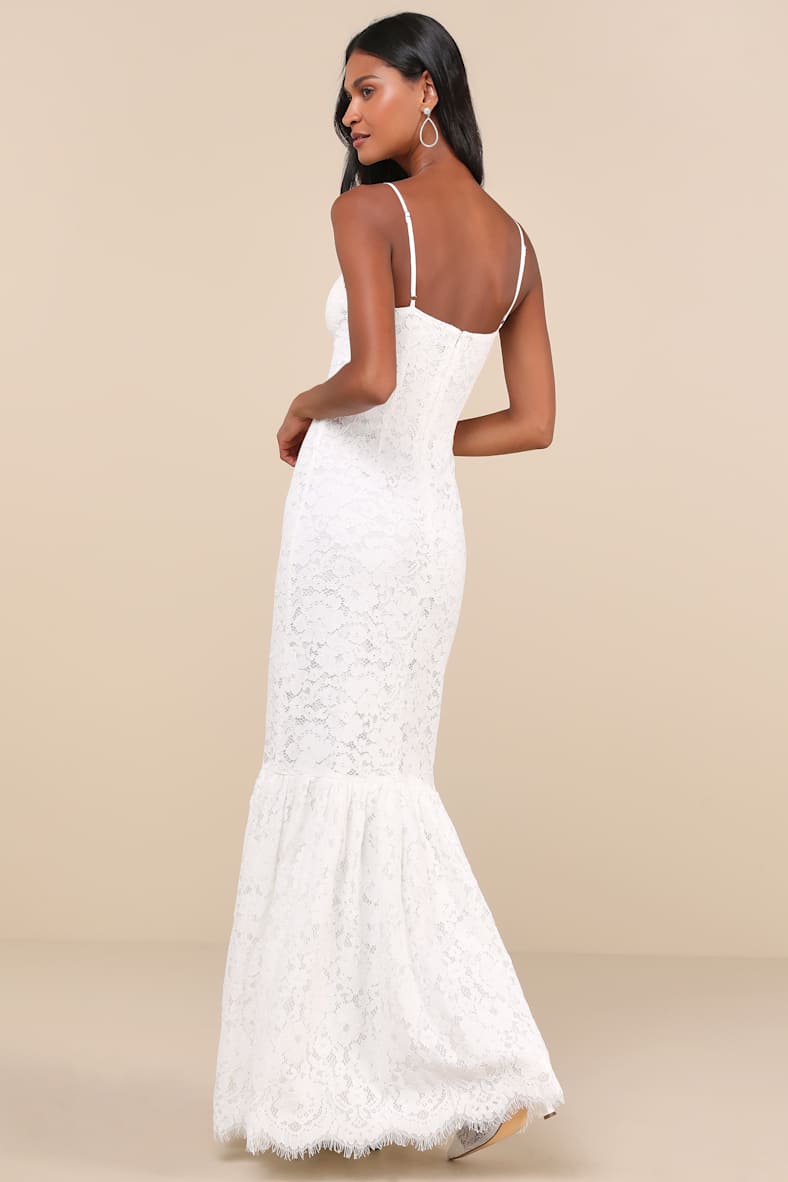 Instinctively Stunning White Lace Bustier Trumpet Maxi Dress