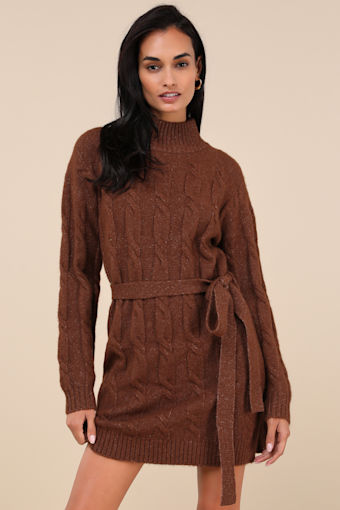 Warmed Up To You Brown Cable Knit Mock Neck Sweater Dress 2