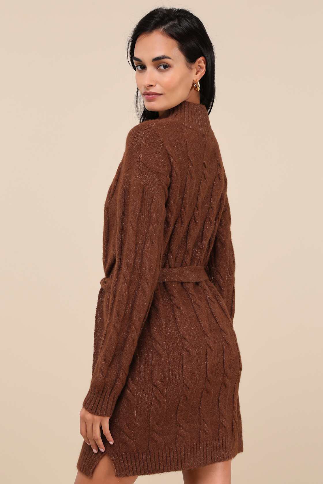 Warmed Up To You Brown Cable Knit Mock Neck Sweater Dress