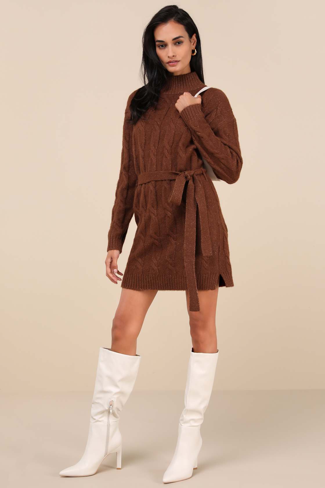 Warmed Up To You Brown Cable Knit Mock Neck Sweater Dress