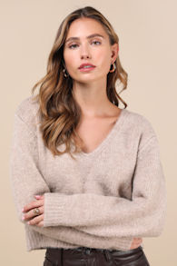 Coquette Cozy Heather Taupe Long Sleeve Bow Pullover Sweater 2