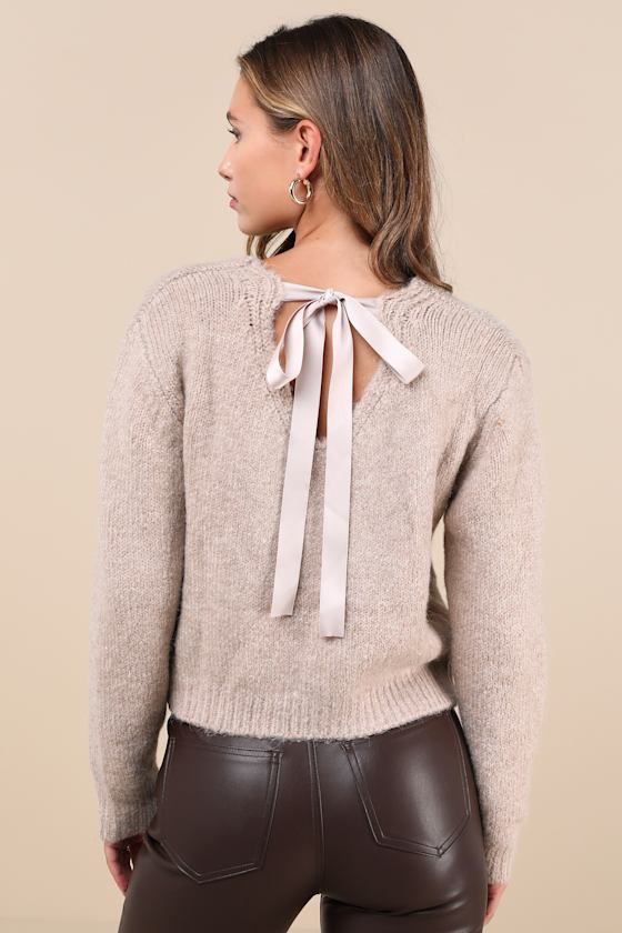 Lulus Coquette Cozy Heather Taupe Long Sleeve Bow Pullover Sweater In Taupe