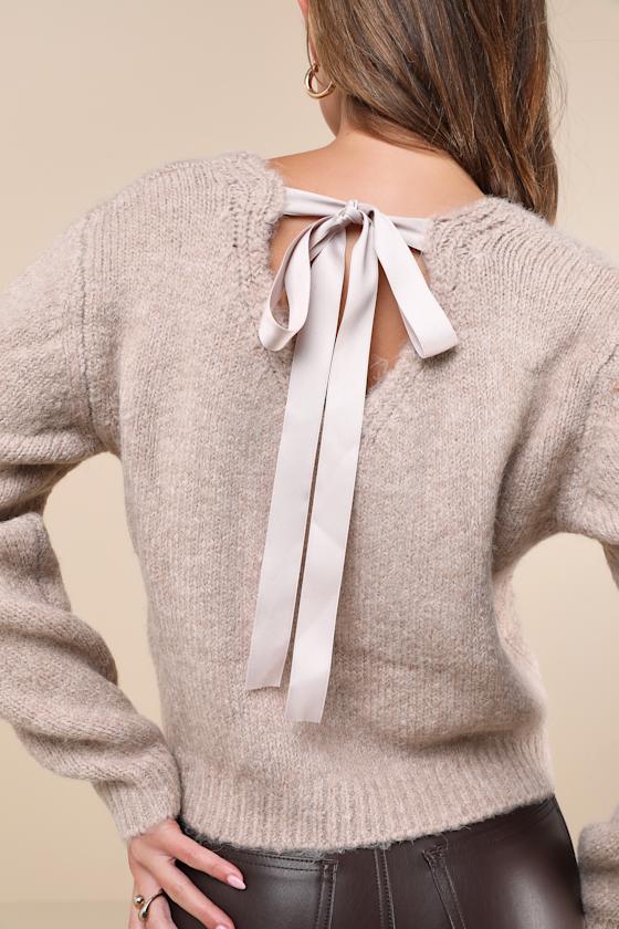 Lulus Coquette Cozy Heather Taupe Long Sleeve Bow Pullover Sweater In Taupe