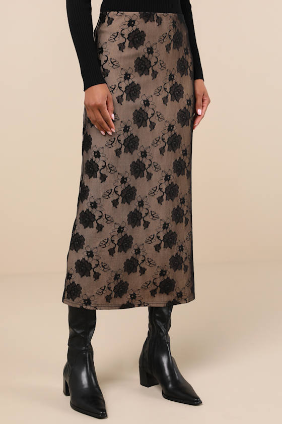 Black and Beige Skirt - Floral Lace Midi Skirt - Lace Midi Skirt - Lulus