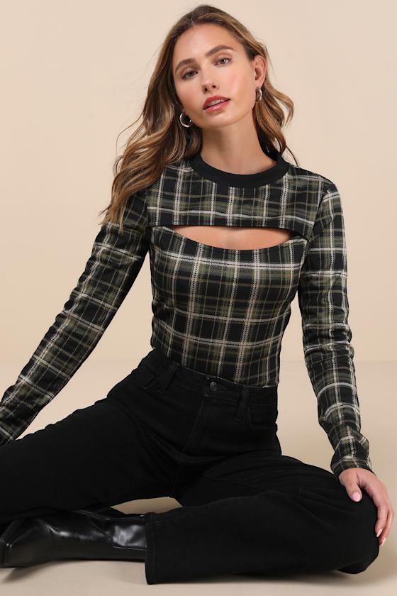 Lulus Iconic Aspect Black And Green Plaid Cutout Long Sleeve Top In Black