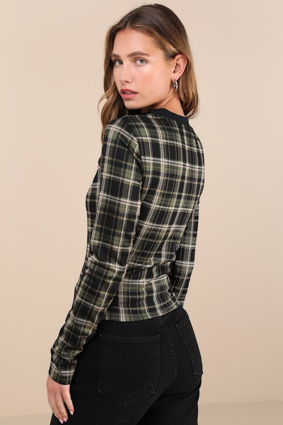 Lulus Iconic Aspect Black And Green Plaid Cutout Long Sleeve Top In Black