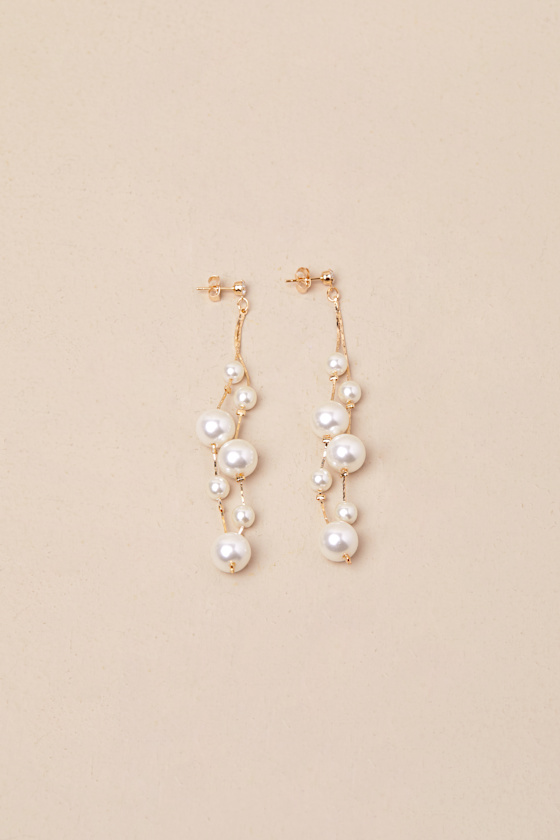 LULUS EXCEEDINGLY ELEVATED GOLD PEARL RHINESTONE DROP EARRINGS