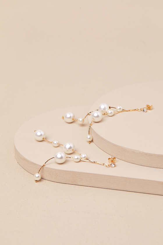 LULUS EXCEEDINGLY ELEVATED GOLD PEARL RHINESTONE DROP EARRINGS
