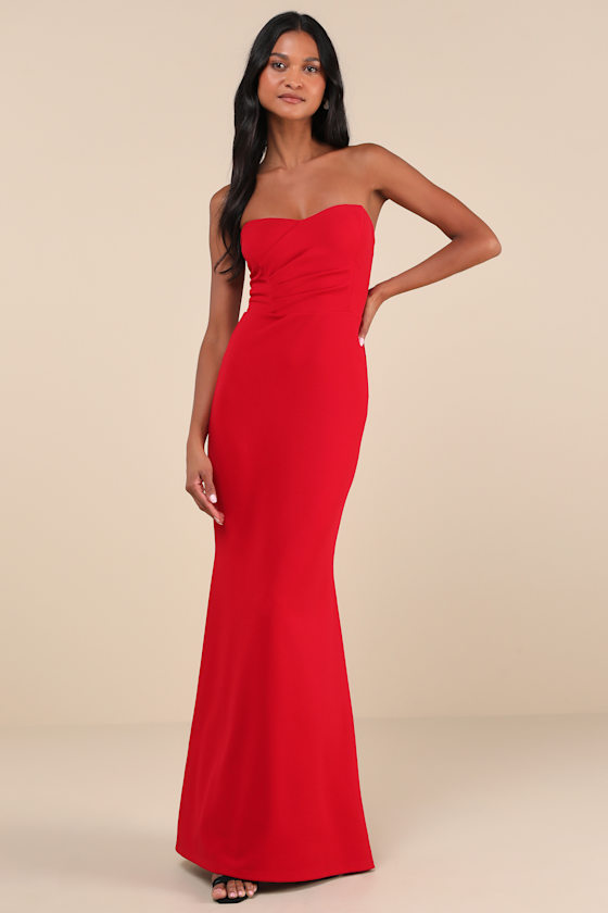Iconic Arrival Red Strapless Bustier Mermaid Maxi Dress 2