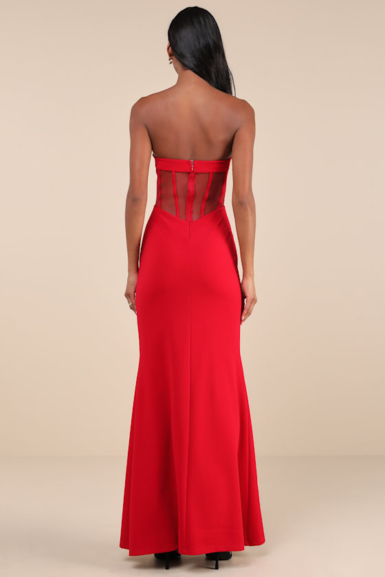Iconic Arrival Red Strapless Bustier Mermaid Maxi Dress 3