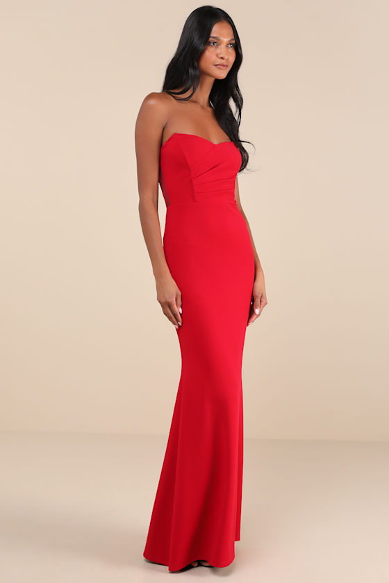 Lulus Iconic Arrival Red Strapless Bustier Mermaid Maxi Dress In Red