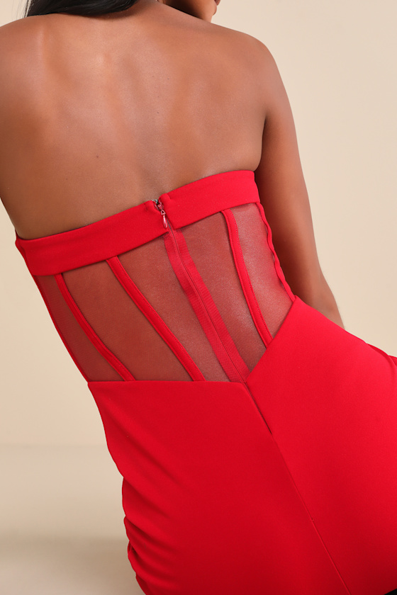 Lulus Iconic Arrival Red Strapless Bustier Mermaid Maxi Dress In Red