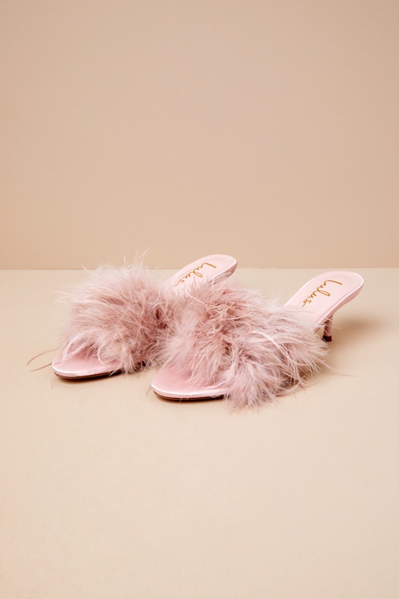 Lulus Briggs Blush Feather Low Heel Slide Sandals In Pink