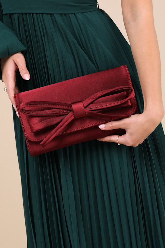 Precisely Dreamy Wine Red Satin Bow Clutch 1
