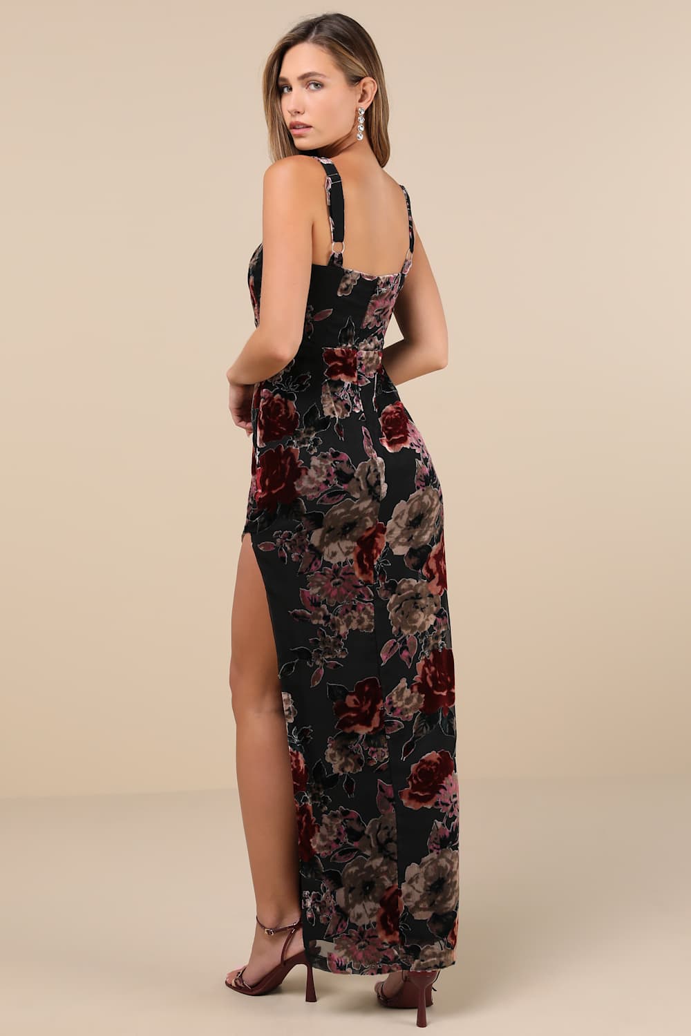 Blissful Evening Black Floral Velvet Burnout Maxi Dress