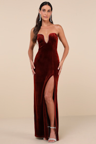 Elegant Success Rust Velvet Rhinestone Strapless Maxi Dress 3