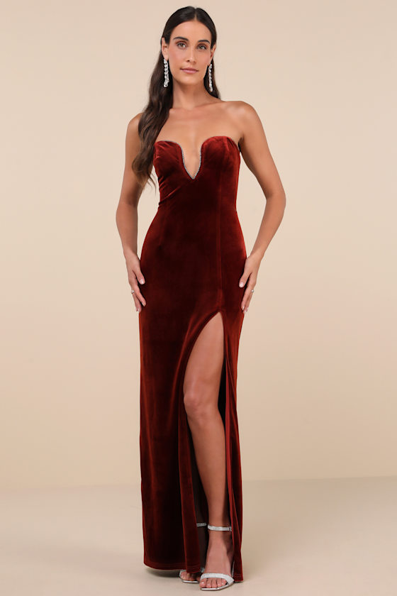 Elegant Success Rust Velvet Rhinestone Strapless Maxi Dress 3