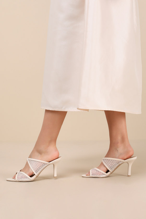 Mandel Ivory Mesh Pearl High Heel Slide Sandals 1
