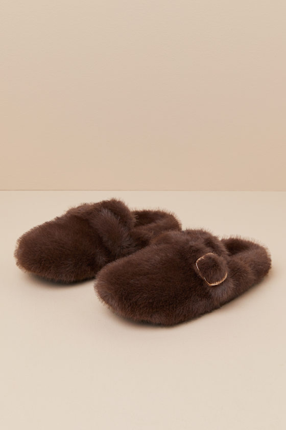 Shop Steve Madden Bohan Brown Faux Fur Buckle Mule Slides