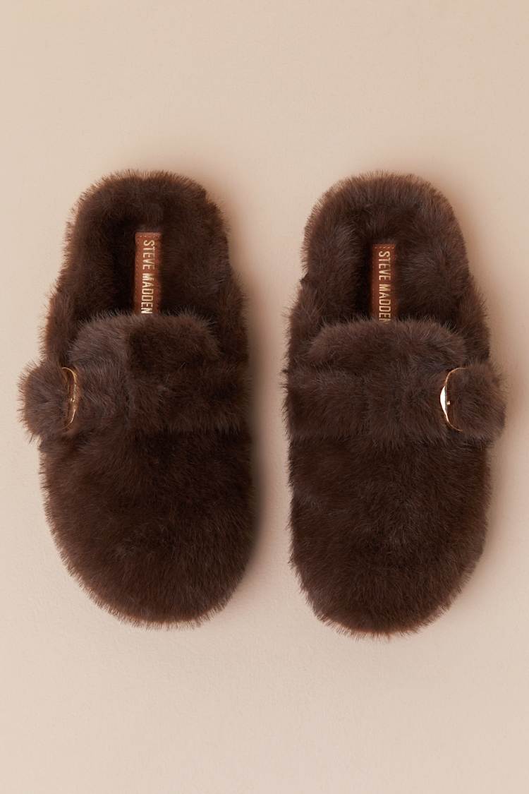 Bohan Brown Faux Fur Buckle Mule Slides