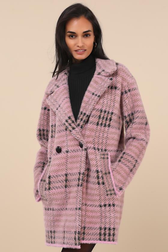 Nvlt Bold Check Pink Fuzzy Plaid Coatigan In Pink